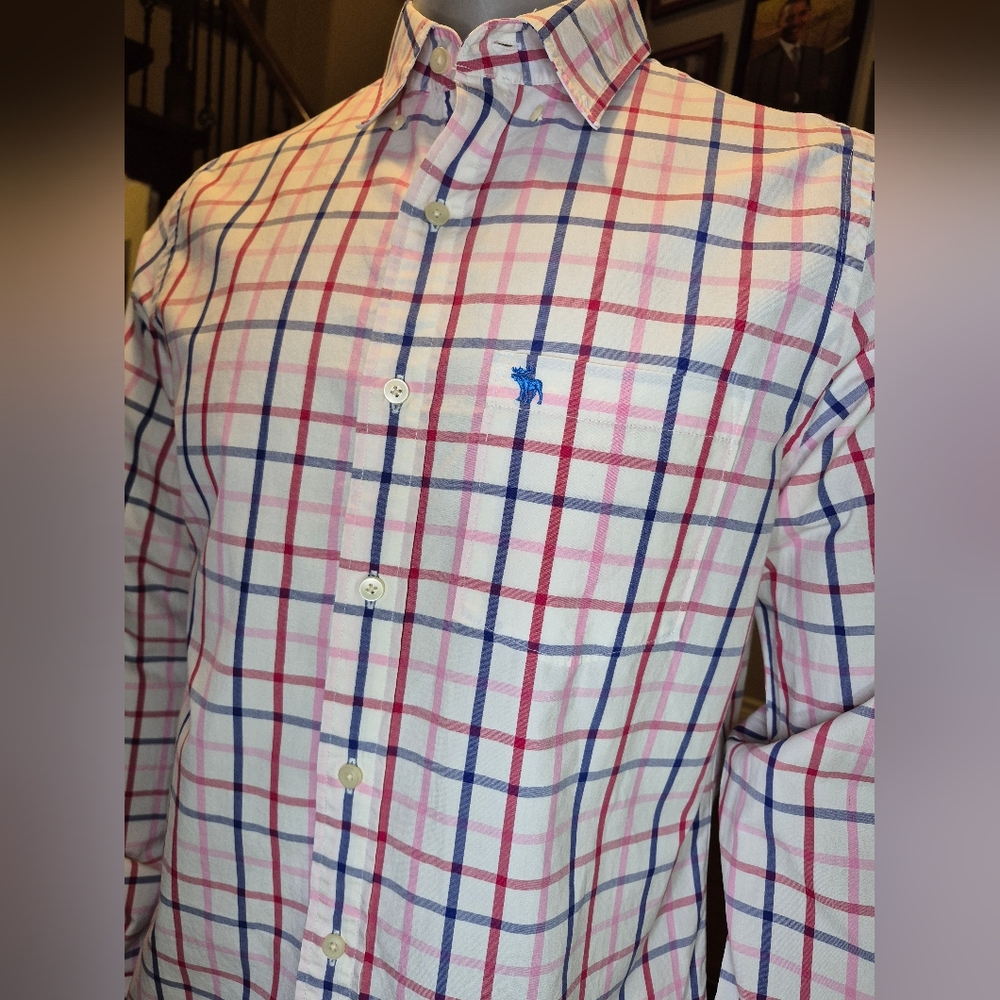 Abercrombie & Fitch Men's Blue and Pink Checkered Shirt